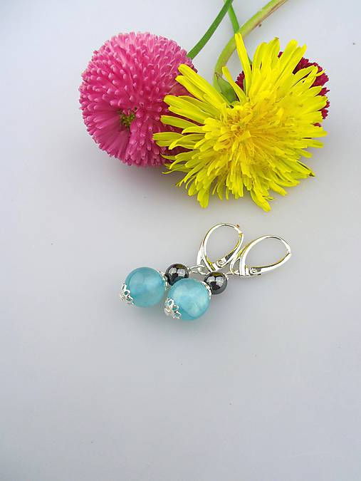 Náušnice - hematit "akvamarín" striebro náušnice - 8158937_