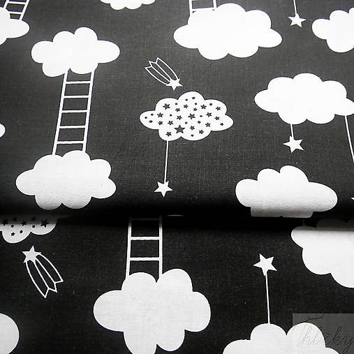 čierne mraky s rebríkmi; 100 % bavlna, šírka 160 cm, cena za 0,5 m
