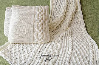 Úžitkový textil - Biely pletený set.... deka +vankúš - 8236342_