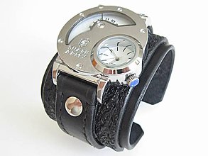 Náramky - ˇSteampunk čierne kožené dual time hodinky - 8265927_