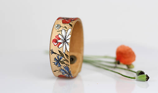 Kožený náramok "Lúčne kvety" - ručne maľovaný