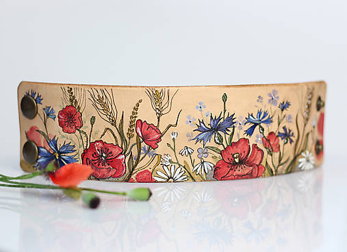 Veľký kožený náramok "Lúčne kvety" - ručne maľovaný