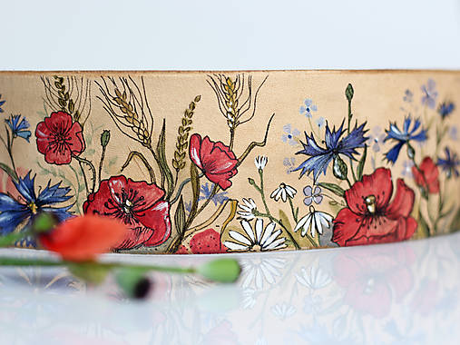 Veľký kožený náramok "Lúčne kvety" - ručne maľovaný