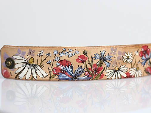 Kožený dámsky náramok "Vlčie maky a lúčne kvety" ručne maľovaný