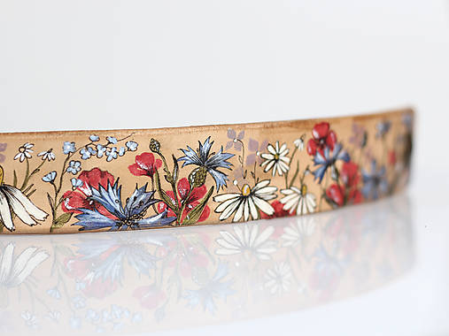 Kožený dámsky náramok "Vlčie maky a lúčne kvety" ručne maľovaný