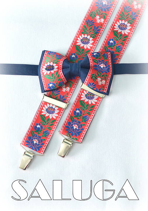 Pánske doplnky - Folklórny pánsky modrý červený motýlik a traky - folkový - ľudový - 8286207_