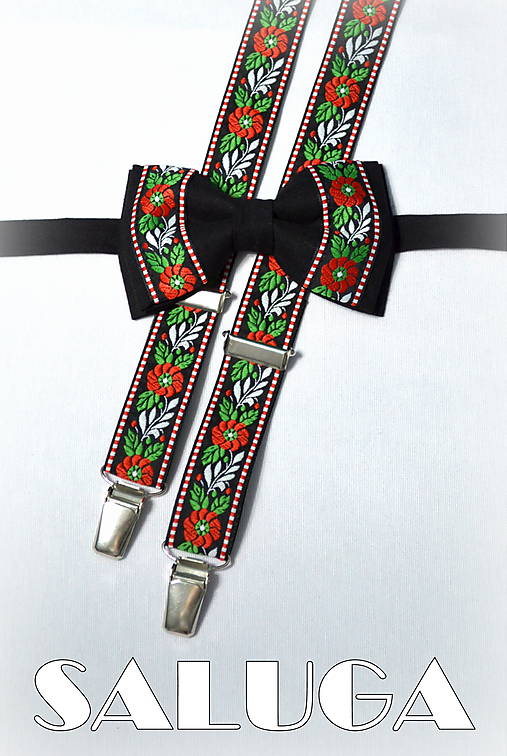 Pánske doplnky - Folklórny pánsky čierny motýlik a traky - folkový - ľudový - 8291659_