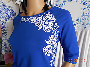 Topy, tričká, tielka - BLUE & BEIGE FOLK - tričko maľované - 8306732_