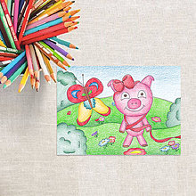 Kresby - Detská ilustrácia - výpredaj (prasiatko na lúke) - 8310297_