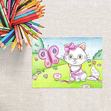 Kresby - Detská ilustrácia - výpredaj (mačka na lúke) - 8311785_