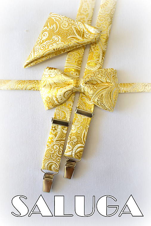 Pánsky zlatý svadobný set - motýlik traky a vreckovka