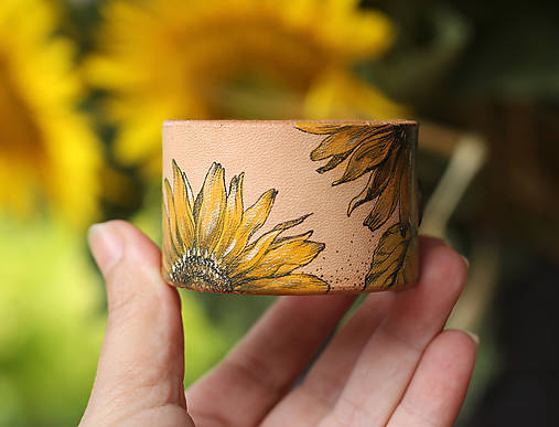 Slnečnicové leto - ručne maľovaný kožený náramok