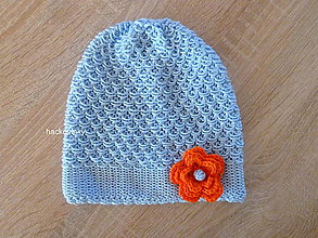 Detské čiapky - Svetlo modra s oranzovou kvetinkou - 8329654_