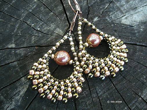 Náušnice - Vejáriky METALLIC IRIS BROWN s ružovozlatým rokajlom - 8351260_