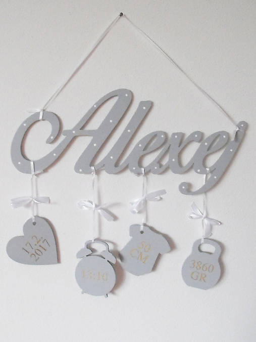 Dekorácie - Drevené meno nad postieľku s údajmi o narodení Gray - 8411146_