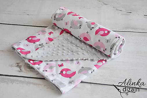  - Minky grey deka s ružovými vtáčikmi 100*70cm - 8578917_
