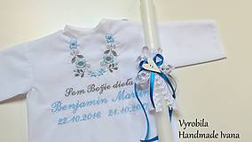 Detské oblečenie - Košieľka na krst K14 modro-šedá + Sviečka na krst biele srdiečko - 8578647_