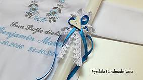 Detské oblečenie - Košieľka na krst K14 modro-šedá + Sviečka na krst biele srdiečko - 8578648_