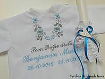 Detské oblečenie - Košieľka na krst K14 modro-šedá + Sviečka na krst biele srdiečko - 8578650_