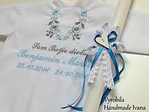 Detské oblečenie - Košieľka na krst K14 modro-šedá + Sviečka na krst biele srdiečko - 8578651_