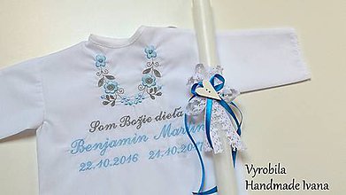 Detské oblečenie - Košieľka na krst K14 modro-šedá + Sviečka na krst biele srdiečko - 8578647_