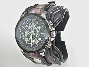 Náramky - Ručne robený šedo čierny kožený remienok s hodinkami - 8593708_