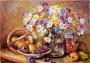 Obrazy - Jesenné zátišie s košíkom a ovocím - 8591447_