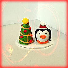 Dekorácie - vianočný stromček a tučniak (Zlato červený) - 8641047_