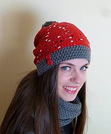 Čiapky, čelenky, klobúky - Cerveno seda ciapka ZLAVA - 8646871_