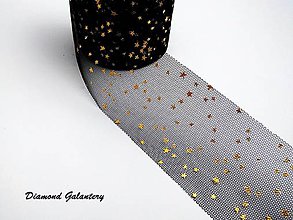 Galantéria - Ozdobná stuha tylová - hviezdičky zlaté na čiernom - 8679600_