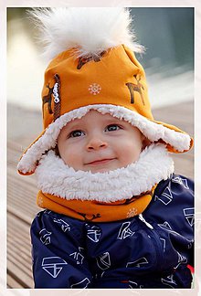 Detské súpravy - Zimný set s menom Reindeer mustard & fleece cream - 8714307_