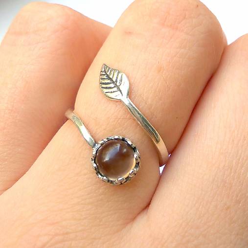 Simple Leaf Silver Gemstone Ring Ag925 / Strieborný prsteň s minerálom  (Smoky Quartz / Záhneda)