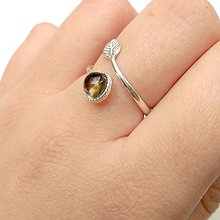 Prstene - Simple Leaf Silver Gemstone Ring Ag925 / Strieborný prsteň s minerálom  (Smoky Quartz / Záhneda) - 8723699_