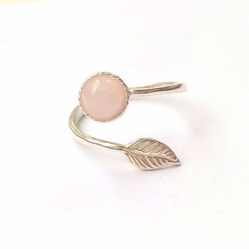 Simple Leaf Silver Gemstone Ring Ag925 / Strieborný prsteň s minerálom  (Rose Quartz / Ruženín)