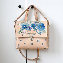Kabelky - Eva blue flowers2 (kožená kabelka - ručne maľovaná) - 8757589_