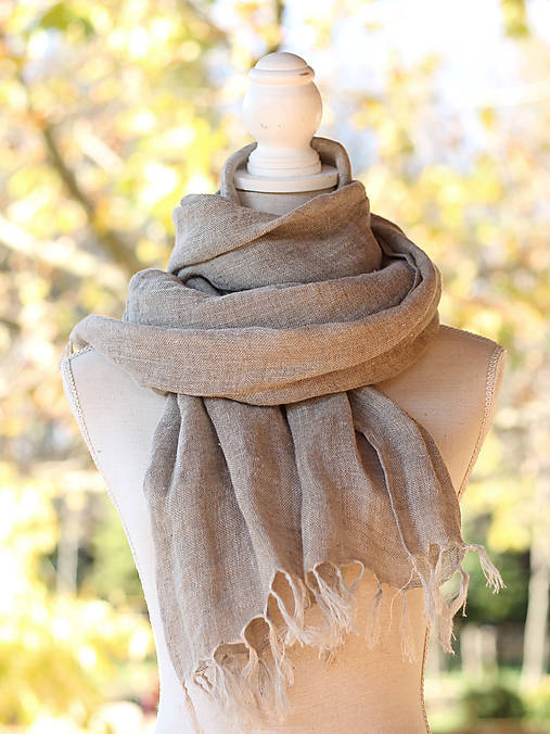 Prírodný ľanový hrejivý šál/šatka s koženým remienkom