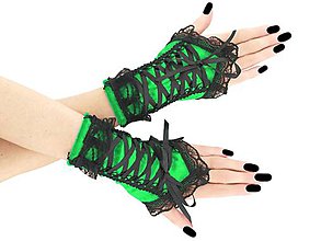 Rukavice - Zamatové zelené rukavice s korzetovým viazaním a čiernou čipkou 07B - 8804274_
