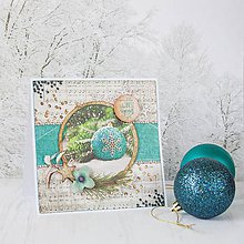 Papiernictvo - Royal Christmas - tyrkysovo-zlatá pohľadnica s vianočnou guľou na snehu - 8869684_