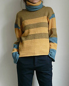 Svetre a kardigány - žltozelený pásikový pulover so šálom - 8900297_
