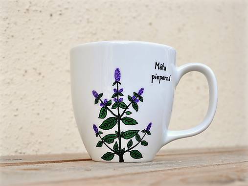 Nádoby - Maľovaný porcelánový hrnček - Bylinky (Mäta pieporná) - 8970671_