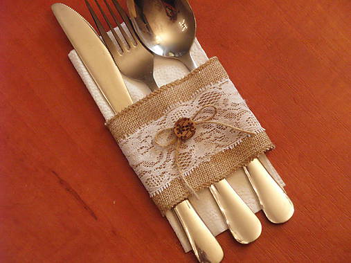 Úžitkový textil - Vintage obal na príbor s mašličkou a gombíkom - šírka 7,5cm - 9019488_