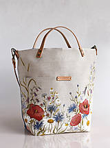 Kabelky - Veľká ľanová kabelka s ručnou maľbou "Lúčne kvety" - 9084300_