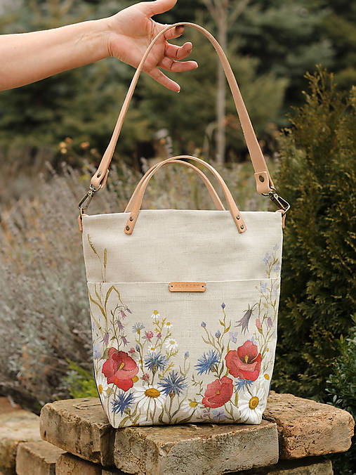 Veľká ľanová kabelka s ručnou maľbou "Lúčne kvety"