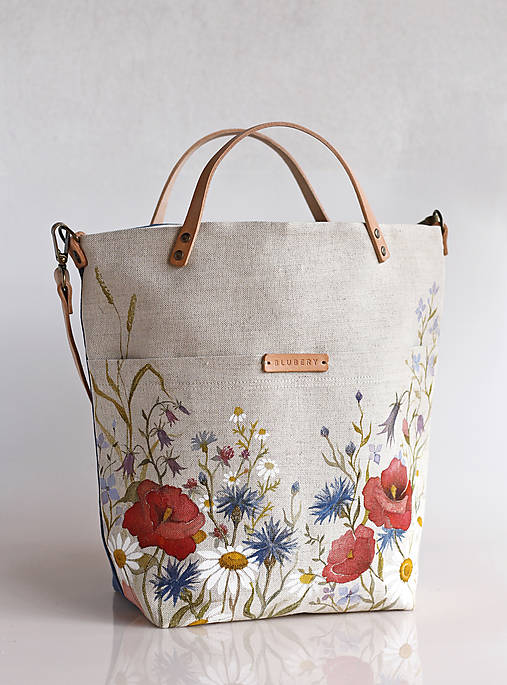 Veľká ľanová kabelka s ručnou maľbou "Lúčne kvety"