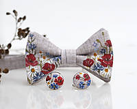 Pánske doplnky - Pánsky exkluzívny set - ručne maľovaný ľanový motýlik a manžetové gombíky "Lúčne kvety" - 9108681_