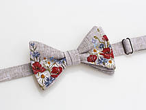 Pánske doplnky - Pánsky exkluzívny set - ručne maľovaný ľanový motýlik a manžetové gombíky "Lúčne kvety" - 9108685_