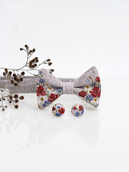 Pánsky exkluzívny set - ručne maľovaný ľanový motýlik a manžetové gombíky "Lúčne kvety"