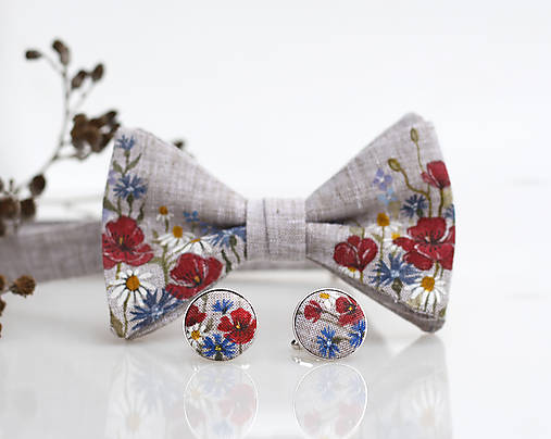 Pánsky exkluzívny set - ručne maľovaný ľanový motýlik a manžetové gombíky "Lúčne kvety"