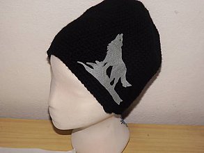 Čiapky, čelenky, klobúky - Čierna čiapka s vlkom - 9128533_