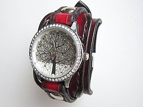 Náramky - Dámske hodinky kožený remienok čiernočervený - 9134324_